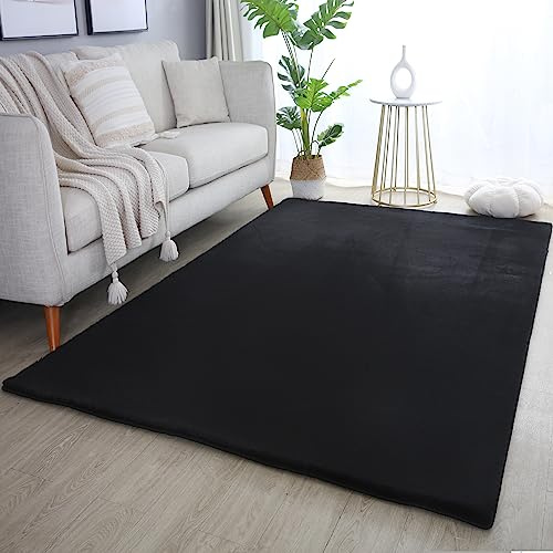 SIMPEX Rabbit Hochflor Teppich Läufer 80x250 cm Schwarz Shaggy Modern Flauschig Weich Fellteppich Kunstfell Einfarbig für Flur Wohnzimmer Schlafzimmer