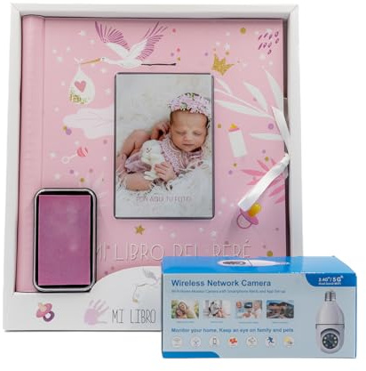 Pack Regalo para Bebé: Libro de Recuerdos 27x29 cm (44 Páginas a Color), Tampón para Huellas de Manos y Pies + Cámara de Vigilancia 360º con Conexión 2.4G/5G – Ideal para Recién Nacidos