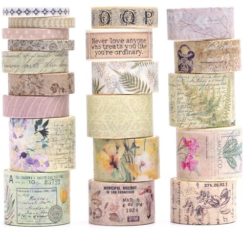 KAVI' S 20 rollos Washi Tape Set, Cinta Vintage Adhesivo Decorativo Obra de Arte Inspirada Hoja de Oro Masking Tapes para Artes, Bullet Journal, Scrapbooking, Bricolaje, Embalaje (Remians salvajes)