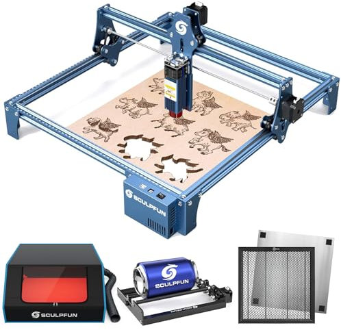 SCULPFUN S9 Laser Graviermaschine mit honeycomb Wabentisch, mit rotary roller, B1 Laser Gehäuse,Laserschneider 90W Effekt, Lasergravierer für Holz metall, 0,08mm Laser Fixfokus, 410x420mm