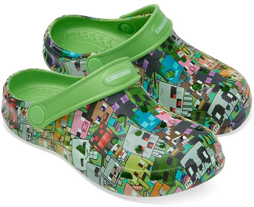 Minecraft Zuecos Niño Piscina con o sin Charms Sandalias de Playa Cerradas Zapatillas Verano con Correa Regalos para Gamers (Verde sin Charms, 38-39 EU)