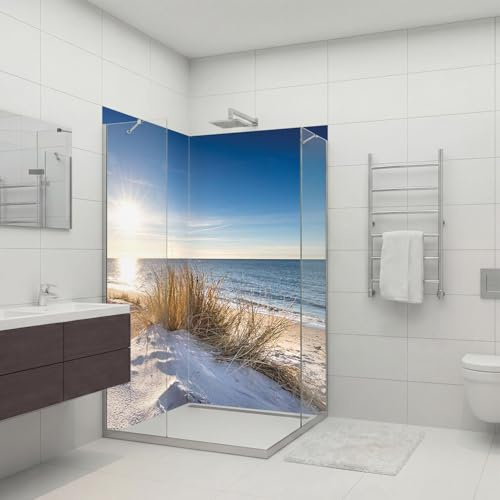 dedeco Eck-Duschrückwand wasserfest Motiv: Dünengras V7, 2 x 90x200 cm, als Badrückwand zum Fliesenersatz, als Dekorwand, Wandverkleidung und Duschplatte aus Aluminium - Made in Germany