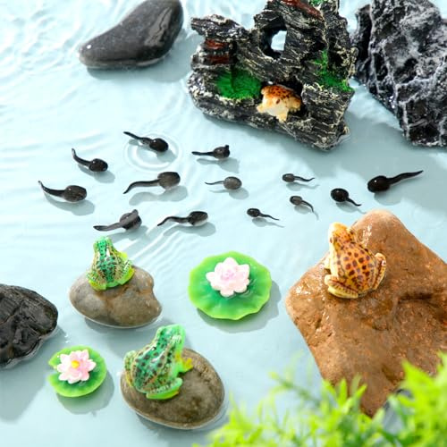 Gemscream 21 Pcs Mini Artificial Pond Accessories Miniature Floating Lotus Mini Resin Lily Pads Tiny Frog Tadpole Figurines for Home Outdoor Pond Pool Garden Patio Aquarium Water Decoration