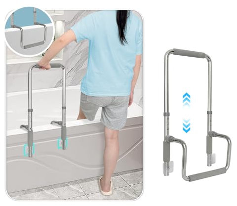 NEAUDE Stainless Steel Heavy Duty Safety Support Bar, Adjustable Bathtub Rail for Seniors, Shower Grab Bar for Handicap, Elderly Help Getting Out of Bathtub, No Drill Bathroom Grip Bar