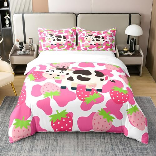 100% Bio-Baumwolle Mädchen Rosa Milch Kuh Bettwäsche Set 200x200,Erdbeere Tröster Abdeckung, Bull Rind Kuhfell Bettbezug, Bauernhof Tiere Bett Set mit Reißverschluss für Kinder, Schlafzimmer Dekor