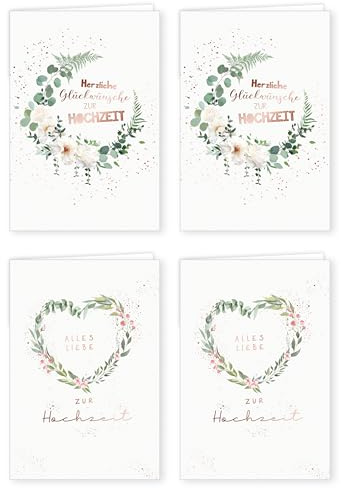 PremiumLine Hochzeitskarten, 4 Stück mit Umschlag | Glückwunschkarte zur Hochzeit | umweltfreundliche Klappkarte aus Naturkarton | edle Grußkarte 11,5 x 17 cm