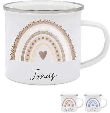 wunderwunsch - Personalisierte Emaille-Tasse für Mädchen - Schulanfang Geschenk, Kindergarten (Regenbogen Beige)