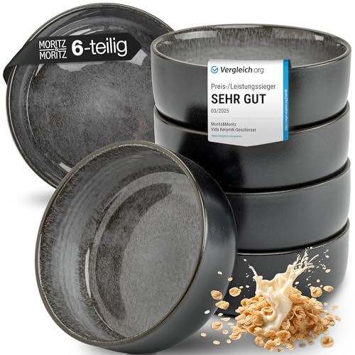 Moritz & Moritz VIDA - Juego de 6 cuencos para cereales, color antracita, elegantes y robustos de porcelana para cereales, sopas y ensaladas, aptos para lavavajillas, microondas, ideal para el uso