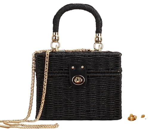 FUNSEED Kleine quadratische Box für Sommer, Strand, Strohtasche für Damen, modisch, handgefertigt, gewebte Umhängetasche, Handtasche für den Urlaub, Schwarz, Einheitsgröße