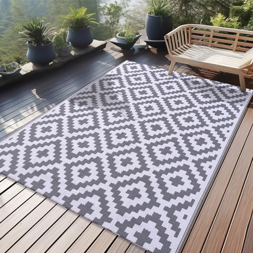 Homaxy Waterproof Outdoor Rug, Anti-slip Reversible Plastic Straw Garden Rugs, Easy Cleaning Carpet Patio Area Rugs for Camping, Deck, Beach, Picnic, Backyard (120 x 180 cm, Grey & White)