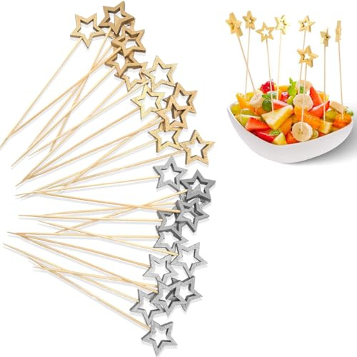 100 Stück Stern Cocktailspieße, Holzspieße Fingerfood Spieße,Weihnachten Cocktail Picks,Gold Stern Partyspieße,Zahnstocher Holz Obstspieße für Grillgut,Obst,Cupcake(Gold und Silber)