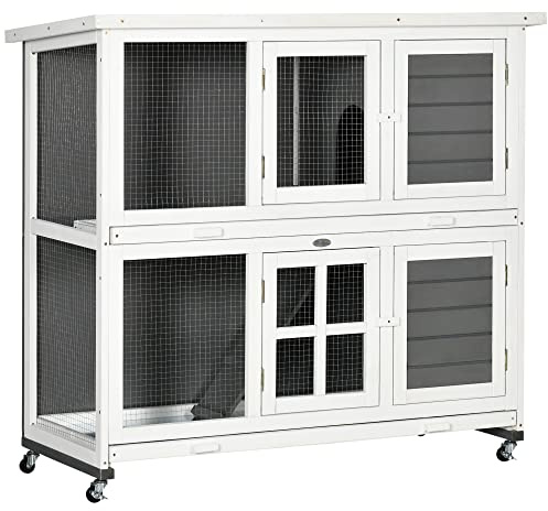 PawHut Conejera de Madera de 2 Niveles Jaula para Conejos con Ruedas 2 Puertas Techo y 2 Bandejas Extraíbles Conejera para Interior y Exterior 119x50,5x109 cm Blanco y Gris