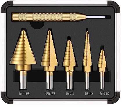 Step Drill Bits Set 6PCS High Speed Steel Titanium Coated Cobalt Cone Step Drill Bit with Automatic Center Punch, for DIY Plastic Wood Metal Aluminum Iron (5PCS DRILL SET + 1PC Center Punch)