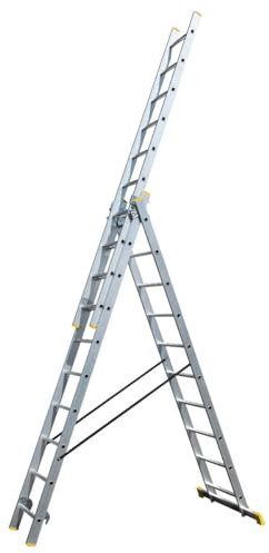 Bayersystem BS-DW 3x10 Mehrzweckleiter, 3x10 Sprossen, 3-teilige Alu-Kombileiter, bis 150 kg belastbar, max. Arbeitshöhe 6,49 m, Klappleiter, Multifunktionsleiter, Stehleiter, Silber/Gelb