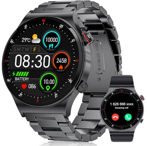 LIGE - Reloj inteligente para hombre, con llamada Bluetooth, 1,43 pulgadas, AMOLED Smartwatch de acero negro para Android iOS,110+modos deportivos, monitor de sueño de frecuencia cardíaca, IP68