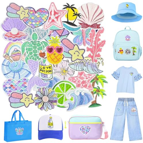 Calkkrer 25 Stück Meeresthema Bügelflicken, Sommerstrand Stickerei Patches für kreative DIY Dekoration.Sommerliche Flicken zum Aufbügeln für individuelle Accessoires