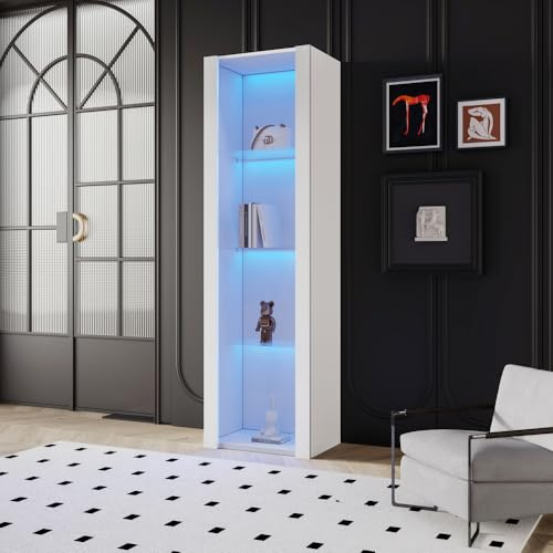 Zepneiy Vetrina ad alta lucentezza 55 x 38 x 166 cm, mobile portaoggetti con illuminazione a LED, 3 scomparti in vetro, verticale, alto, bianco