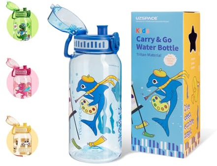 UZSPACE Botella de Agua para Niños 600ml, A Prueba de Fugas, Apertura de un Clic, Botella Agua Bebé Sin BPA Duradera, Cantimplora Infantil con Asa para Colegio, Niños y Niñas (Océano Azul)