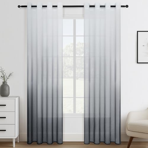 Topfinel Gardinen Grau Vorhänge mit Ösen Ösenschal Wohnzimmer Modern Weiß Grau Zweifarbiger Transparent Gardine Schlaufenschal Lichtdurchlässig für Schlafzimmer 140x225 cm (B x H) 2er Set