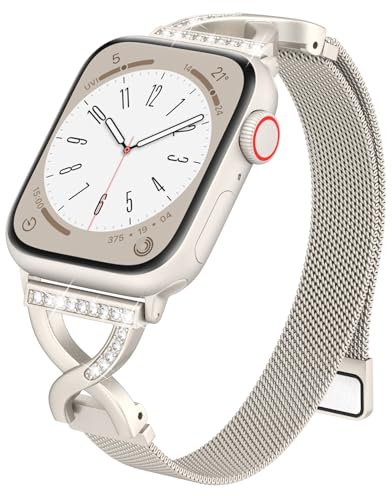 Slim Magnetic Metal Milanese Loop Compatible with Apple Watch Straps Womens | For iWatch Series 11 10 9 8 7 6 5 4 3 2 SE, X-Shape Diamond Clasp Thin Bands for Daily Use 38mm 40mm 41mm 42mm 44mm 45mm 46mm