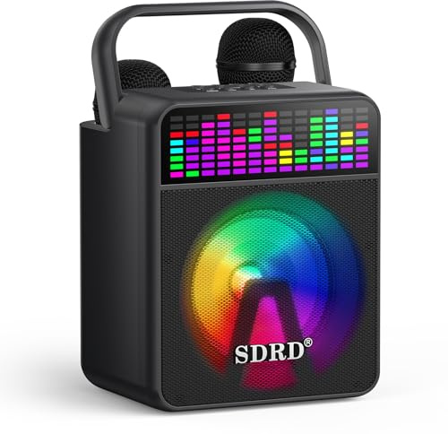 SDRD Karaoke Machine with 2 Wireless Mics, SD-512 60W Powerful Loud Sound, Bluetooth, Rechargeable, Portable with Handle,Support USB/AUX/BT for Adults & Kids, for Party, Events & Gatherings (Black)