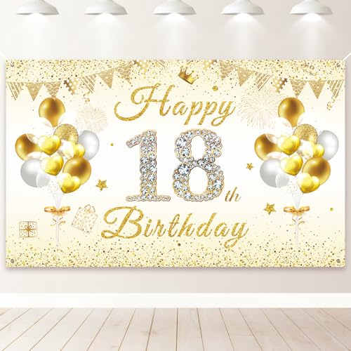 PartyYaa Bannière de Décoration pour le 18e Anniversaire, Toile de Fond « Happy 18th Birthday » Extra Large, Décoration de Photo Booth de Fête pour Filles et Garçons
