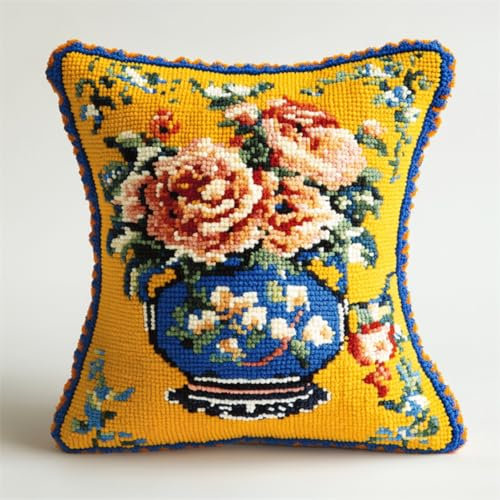 Kitquiver Knüpfkissen Mit Vordruck Bunte Blumenvase Diy-Knüpfhäkel-Set Für Teppiche Und Kissen Auf Leinwand Für Anfänger 17x17In