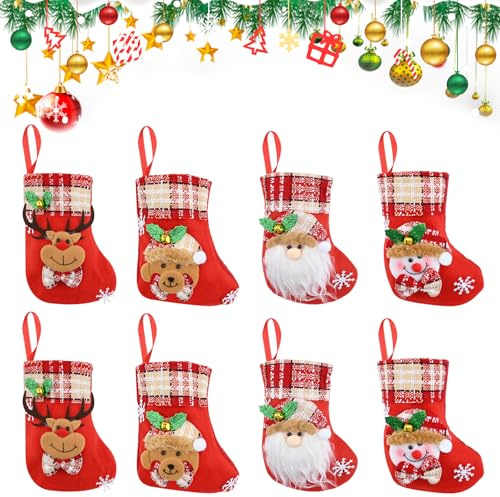 TSLBW 8 Stück Mini Weihnachtsstrümpfe, 3D Weihnachtsmann Rentier Bär Schneemann Weihnachtsstrümpfe Dekoration, Weihnachten Hängende Geschenktaschen für Weihnachtsbaum Ornamente Kamin Dekoration (B)