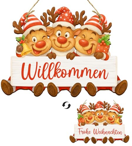 Frohe Weihnachten Anhänger Willkommen Schild aus Holz, Weihnachtsdeko tür Beidseitig mit „Frohe Weihnachten“ & „Willkommen“, Weihnachtsschmuck zum Basteln Deko für Eingang Fenster Balkon