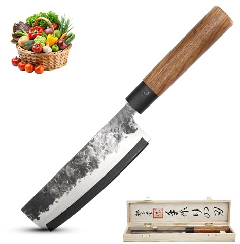 Fishtec Couteau de Cuisine Nakiri Forgé à la Main - Acier Japonais Ultra Tranchant - Manche Bois Massif - Idéal Fruits et Légumes - Ambidextre - Coffret Bois Cadeau Élégant