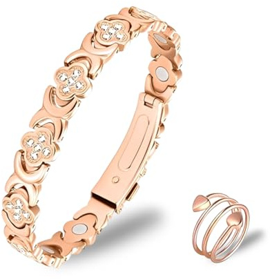 XPEX 2 PCS Kupfer-Armband für Damen mit Magneten,armband damen,Verstellbares Magnetarmband und Magnetringe aus 99,9 % reinem Kupfer,Geschenkbox,Roségold