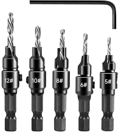 6Pcs Countersink Drill Bit Set, 5Pcs Quick Change 1/4 Hex Shank Adjustable Countersink with 1 Hex Wrench, Woodworking Counter-sink Drill Bits for Drilling Holes in Wood, Composite Panels, Plastics