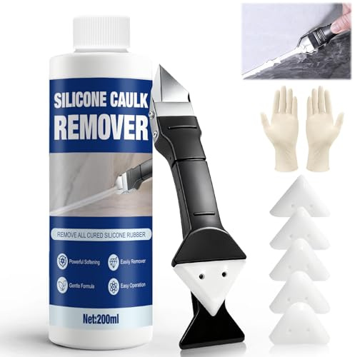 Caulk Remover, Silicone Caulk Remover, Stronger and Specialized Formula, Safer Around Family, with 3 in 1 Remove Scraper, Easily Remove from Surfaces Like Bathtubs, Showers, Windows, Kitchens, 200ml