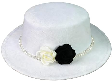 Sombrero Fedora para Mujer de Fieltro ala Ancha Corona Plana con Banda de Perlas y Decoración Floral en Blanco y Negro para Boda Iglesia y Fiesta Nocturna
