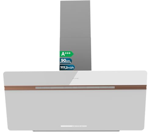Cecotec Campana Extractora Decorativa 90 cm Bolero Flux DT 907500 Matt White A+++. Cristal Mate y Brillante con Detalles en Cobre, Succión 717,2 m³/h, Función Booster, Filtros de Aluminio, Clase A+++
