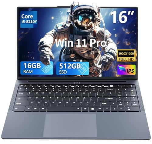 Ordenador Portátil 16 Pulgadas, PC Portátil con Procesador Core i5 8210Y, 16GB RAM 512GB SSD, Laptop con Pantalla FHD IPS 1920*1200, Teclado Retroiluminado Type-C, Computadora Portátil Versátil