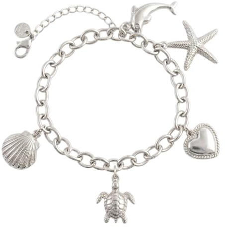 LB RELOJES 2024 Pulsera Mujer Acero Inoxidable Charms – Estrella de Mar, Delfín, Corazón, Tortuga, Concha – Dorada Plateada – Pulseras Ajustable Mujer Verano – Regalo Mujeres (PLATEDA)