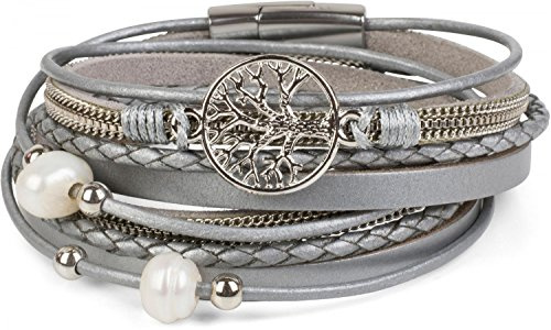 styleBREAKER Damen Wickelarmband Perlen Lebensbaum Magnet | 2-Reihig. Länge 38.5cm. Breite 1.6cm. Amulett Anhänger. weiche Haptik. edler Schmuck. einfache Schließung.