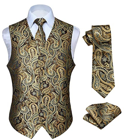 HISDERN Klassisk, blommig, paisleymönstrad jacquard-väst och slips för män, kostymväst med slip och fyrkantig ficka, L