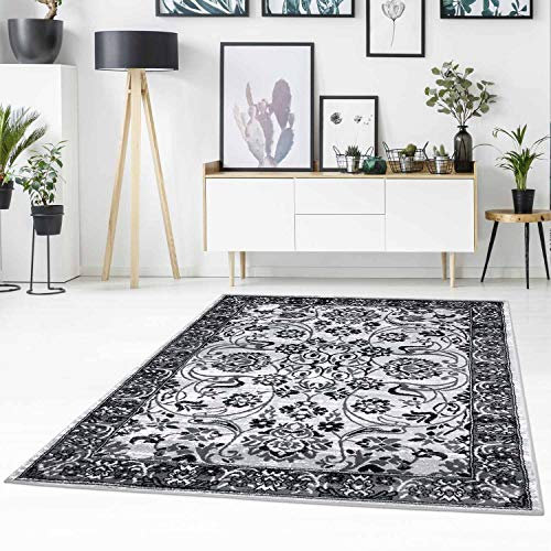 Teppich Flachflor mit Mäander-Muster, Modern/Klassisch, Floral, Meliert in Grau,Schwarz für Wohnzimmer Größe 80/150 cm