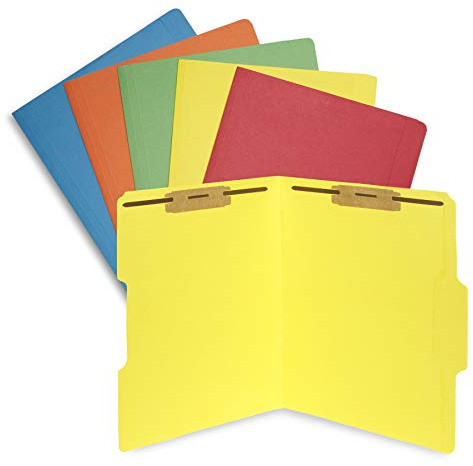 50 Assorted Color Fastener File Folders - 1/3 Cut Reinforced Tab - Durable 2 Prongs Bonded Fastener Designed to Organize Standard Medical Files, Law Client Files, Office Reports - Letter Size