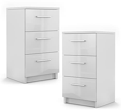Vicco Nachttisch, Nachtkommode, Weiß Hochglanz, 38 x 66 cm 2er Set