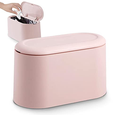 JEEZAO Mini Cestino da Scrivania, Plastica Bidone Spazzatura con Coperchio a Molla a Spinta per Cucina Camera Bagno,Contenitore per Alimenti per Animali Domestici (Rosa)