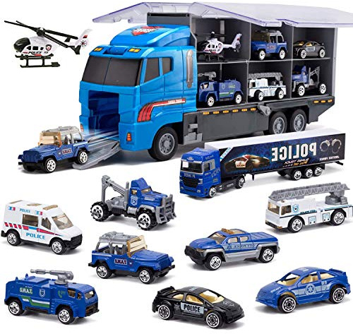Joyfia 10 in 1 Polizei Spielzeug Fahrzeuge, Die-cast Patrouille Rettung LKW, Mini Polizei LKW Transporter Spielzeug Set in Carrier Auto Spielzeug für 3+ Jahre alt Kinder Jungen Mädchen