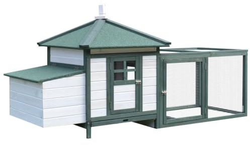 PawHut Hühnerstall für Zwerghühner 196 x 76 x 97 cm witterungsbeständig Hühnerhaus mit Nistkasten, Freilaufgehege Sitzstange, Kleintierstall aus Holz für 1-2 Hühner, Grün