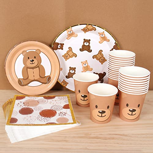Braune Teddybär Babyparty Teller - Teddybär Pappteller Einwegbecher Servietten mit Feuerwerk Muster in Goldener Bordüre für 24 Mottoparty Supplies Babyparty Hochzeit Geburtstag