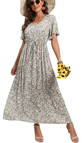 GRECERELLE Womens Summer Maxi Boho Beach Dress Floral Print Dress V Neck Short Sleeve Drawstring High Waist Flowy Long Midi Dresses (Lily Green, L)