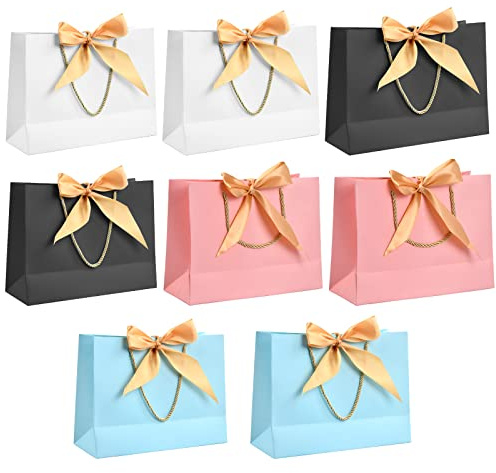 Pinsheng 8 Pezzi Sacchetto Decorativo Colorato, Sacchetto Regalo di Carta con Manico e Nastro Fiocco Dorato, Busta Regalo Carta per Compleanno,Matrimonio,Festa di Laurea, Pasqua, 28 x 20 x 10 cm