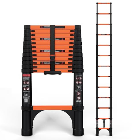 SINMEIRUN Telescoping Ladder, 12.5 FT, 330 lbs Capacity; Orange