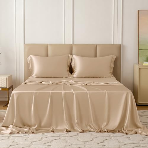THXSILK Silk Sheet Set 4 Pcs, 22 Momme 100% Top Grade Natural Mulberry Silk Bed Sheets, Luxury Bedding Sets -Ultra Soft Durable, 1 Fitted Sheet, 1 Flat Sheet and 2 Pillow Shams (Queen, Champagne)